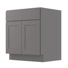 a gray kitchen cabinet with two doors and one drawer on the left side, against a white background