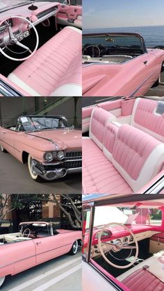 pink and white classic cars parked next to each other in front of an ocean view