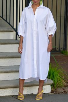 Loose Lantern Sleeve Shirt Dress Casual Solid Color Midi Dress With Half Sleeves, Trendy Cotton Short Sleeve Midi Dress, Casual White Half Sleeve Shirt Dress, Casual Half Sleeve Midi Dress In Color, Casual Midi Dress With Half Sleeves, Casual Half Sleeve Midi Dress, Casual Shirt Dress With 3/4 Sleeves, Relaxed Fit Shirt Dress For Summer Daytime, Relaxed Fit Summer Shirt Dress For Daytime