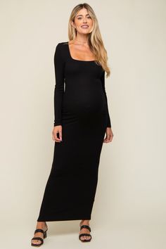 Black Ribbed Long Sleeve Square Neck Maternity Maxi Dress Fitted Square Neck Maternity Dress, Long Sleeve Maternity Dress, Formal Maternity Dress, Maternity Black Dress, Maternity Maxi Dress, Maternity Maxi, Baby Shower Dresses, Pregnancy Maxi Dress, Midi Maxi Dress