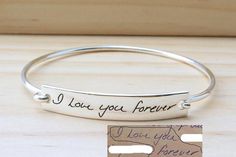 Actual Handwriting Bracelet Personalized Signature Bracelet | Etsy Engraved Silver Signature Bracelet, Silver Name Bracelet Hand Stamped For Personalized Gift, Personalized Hand Stamped Name Bangle Bracelet, Hand Stamped Name Bracelet Bangle, Bar Bracelet Personalized, Silver Adjustable Name Bracelet, Hand Stamped, Mother Daughter Jewelry, Handwriting Bracelet, Signature Bracelet