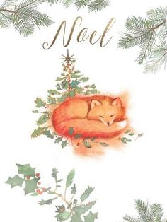 a christmas card with an image of a sleeping fox