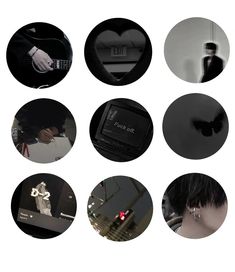 a series of nine circular images with black and white photos in the middle one shows a person holding a guitar