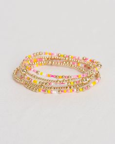 ❖Pink Lemonade Stack❖ ‣ This listing is for a single bracelet, or a stack of 5.  ‣ This bracelet features:      * 3 - Olivia Bracelets      * 2 - Lisa Bracelets            - both bracelets feature 14k Gold Filled Beads Julisa Bracelets Feature:  ‣ Tight/Sturdy elastic, pre-stretched to prevent bracelet from stretching out ‣ Sized according to wrist size - we do our best to size each bracelet as     accurately as possible.  ‣Sizing Tips:  Please measure your wrist for the best fit!  *Using a soft tape measure/string, measure around your wrist, above the wrist bone *Add length according to your desired fit:       * 0" - fitted, snug      * .25" - slight movement      * .5" -  relaxed      * .75"- loose      * 1" - extra loose *Please message us if you need any help with sizing!  ------- ‣Eac Preppy Gold Jewelry, Enewton Bracelets Stacks, Summer Bracelet Stack, Single Bracelet, Bracelet Summer, Preppy Jewelry, Summer Bracelet, Clay Bracelet, Diy Bracelet Designs