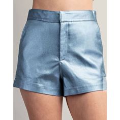 High waisted blue metallic shorts Fitted Jean Shorts For Party, Summer Night Out Shimmer Bottoms, Shimmer Bottoms For Summer Night Out, Summer Shimmer Bottoms For Night Out, Shimmer Bottoms For Night Out In Summer, High-waist Fitted Jean Shorts For Party, Fitted High-waist Jean Shorts For Party, Fitted High Waist Jean Shorts For Party, High Waist Fitted Jean Shorts For Party