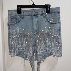 These Shorts Are Perfect For A Night Out With The Girls, Concerts, Or Anywhere You Want To Wear Them. They Are Super Sparkly, Stretchy, And New With Tags. #Sparkly #Rhinestone #Jeanshorts #Trendy #Shorts Blue Denim Sequined Bottoms, Denim Party Shorts, Summer Party Jean Shorts With Rhinestone Fringe, Short Denim Party Jeans, Sequin Denim Bottoms For Spring, Short Denim Jeans For Party, Embellished Blue Bottoms For Night Out, Glamorous Denim Bottoms For Night Out, Short Party Jeans