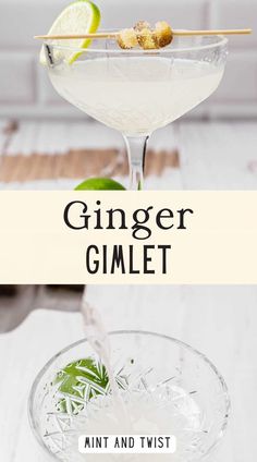 the ginger gimlet cocktail is garnished with lime