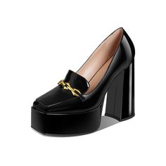 Black Platform Patent Leather Loafer With Gold Chain Elegant Black Platform Loafers With Block Heel, Black Patent Leather Loafers With Square Toe, High Heel Black Platform Loafers For Business, Black High Heel Platform Loafers For Business, Elegant Closed Toe Platform Loafers For Party, Chic Square Toe Platform Loafers, Black Platform Loafers With Square Toe, Black Pointed Toe Platform Loafers For Party, Black High Heel Platform Loafers For Party