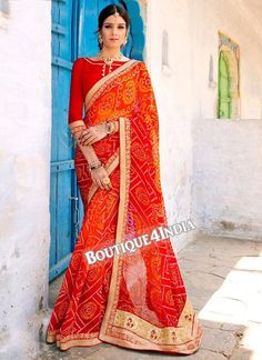 Orange and red Georgette Bandhani Print Saree Indian Bridal Photography, Lehanga Saree, Bandhej Suits, Latest Saree Trends, India Saree, Bandhani Sarees, Bridesmaid Outfits, Kameez Lehenga, Stitched Saree