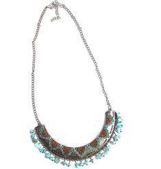 "Add funky, Southwestern Boho style to your outfits with this necklace featuring embossed and hand-painted designs and a curtain of dangling turquoise nuggets! the painted accents in deep brown, turquoise and red add an artful appeal to this unique accessory and the beads add whimsical movement below! And the sturdy chain is adjustable, featuring a 3\" extender in case you want to wear it a bit longer...Add this one to your jewelry box! Silver-plated Bib, 4 1/2\" long, 3/4\" wide, Silver-plated Bohemian Turquoise Bib Necklace With Colorful Beads, Bohemian Turquoise Dangle Beaded Necklaces, Bohemian Turquoise Beaded Dangle Necklaces, Bohemian Turquoise Jewelry With Dangling Beads, Southwestern Turquoise Necklace With Colorful Beads For Festival, Southwestern Beaded Necklace With Dangling Beads For Festivals, Festival Turquoise Necklace With Dangling Beads, Green Southwestern Beaded Necklaces For Festival, Southwestern Green Beaded Necklaces For Festivals