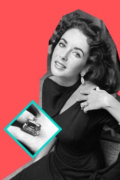 a woman in a black dress sitting on a chair next to a diamond ring and an image of a car