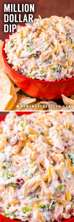 two pictures show the process of making a chicken dip in a red casserole dish