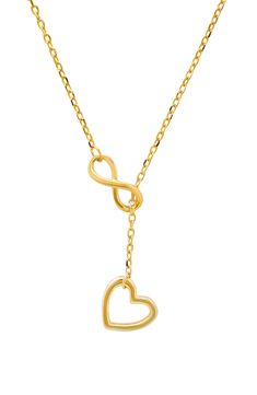 Infinity and heart charms grace the ends of this lariat necklace plated in gleaming 14-karat gold. 14k gold plate Imported Infinity Heart Necklace, Infinity Necklace Gold, Queens Jewels, Infinity Heart, Infinity Necklace, Lariat Necklace, Sterling Silver Heart, Silver Heart, Heart Charm