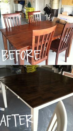 before and after photos of a dining room table with chairs in the middle, then on the other side