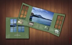 an open brochure is shown on a wooden table next to a window that shows the lake and mountains