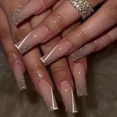 Included:24 pcs/set + 1 pcs glue Classy Gold Nails Acrylic, French Nail With A Twist, Elegant Fall Nails 2023, French Tip Nails With Design Birthday, Dimond Nails Acrylic, Long Neutral Acrylic Nails, French Twist Nails, Gold Bday Nails, Gold Cute Nails