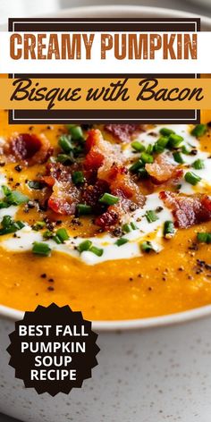 creamy pumpkin bisque with bacon in a white bowl