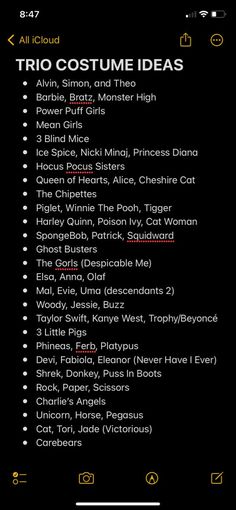 an iphone screen showing the list for costume ideas