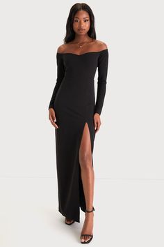 Black Maxi Dress - Off-the-Shoulder Dress - Long Sleeve Dress - Lulus Formal Black Dress For Wedding Guest, Black Off The Shoulder Long Sleeve Dress, Elegant Long Sleeve Dress, Sleek Off-shoulder Bodycon Dress For Formal Events, Formal Off-shoulder Bodycon Maxi Dress, Off-shoulder Bodycon Maxi Dress For Formal Occasions, Elegant Off-shoulder Elastane Bodycon Dress, Sleek Off-shoulder Bodycon Dress For Date Night, Fitted Black Off Shoulder Maxi Dress