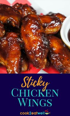 An image of the chicken wings on a red an white checkered liner. Under the picture there is a blue graphic with the title in aqua and yellow letters. Sweet Chicken Wing Sauce, Trash Wings Recipe, Sticky Wings Recipe Easy, Wing Ding Recipes, Sweet Sticky Chicken Wings, Wingette Recipes, Sticky Wings Recipe, Chicken Wing Sauce Recipes, Sticky Wings