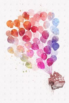 a bunch of balloons floating in the air with watercolor splashes on it's side