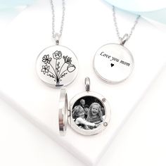 Memorial round locket engraved with up to six birth flowers of your choice, pick your loved ones birth flower and create your personal bouquet. This small locket is a great gift for kids and adults. The locket is made of surgical stainless steel, a waterproof and non tarnish metal that will not fade its color overtime.  ♥ FRONT AND BACK SIDE ENGRAVING DETAILS The locket is engraved on the front with your custom request, the back side of the locket can be blank or you can select from the second drop box menu to add any of the following options: OPTION 1: "NO engraving on back" We will not engrave anything on the back, the back will be blank. OPTION 2: " Add message- font 1 to 4" Add your custom message using any of our fonts and symbols (examples on one of our photo description images) CUST Silver Locket Necklace With Birth Flower For Mother's Day, Silver Wedding Locket Necklace With Birth Flower, Mother's Day Wedding Locket Necklace With Birth Flower, Birth Flower Locket Necklace Gift, Keepsake Medallion Locket Necklace With Birth Flower, Bouquet Locket, Birth Flower Bouquet, Flowers For Mom, Engraved Locket