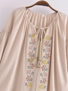 Product Details: Beautiful floral embroidery Round neckline with hanging tassel ties Long sleeves with elasticised cuffs Material: Cotton Old Symbols, Moon Earrings, Embroidered Blouse, Color Khaki, Free Shopping, Bracelet Designs, Floral Embroidery, Color Patterns, Round Neckline