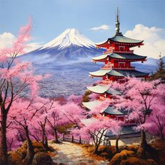 a painting of a pagoda surrounded by pink trees and snow capped mountain in the background