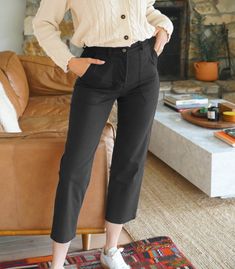 Loosely Fitted High-waisted Cotton Work Pants, High Waist Bottoms With Welt Pockets For Everyday, Relaxed Fit Mid-rise Workwear Bottoms, Utility High Waist Work Pants, Solid Cotton Bottoms For Workwear, Fitted Mid-rise Cargo Pants For Workwear, Classic Washed Black Jeans For Work, Everyday High-waist Bottoms With Welt Pockets, Classic Washed Black Workwear Pants