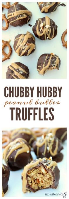 chocolate covered pretzels with peanut butter drizzled on top and the words chubby hubby truffles