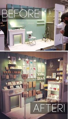 before and after photos of an exhibit booth at a trade show, there is no image here to provide a caption for