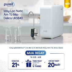 an advertisement for a water purifier on the counter with three glasses next to it