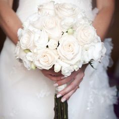 a bride holding a bouquet of white roses