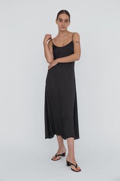 Ciao Lucia | Cristina Dress Matte Black Chic Scoop Neck Slip Dress For Evening, Summer Modal Satin Night Dress, Elegant Scoop Neck Slip Dress For Night Out, Summer Evening Midi Dress With Scoop Neck, Chic Solid Color Bias Cut Slip Dress, Black Maxi Dress With Spaghetti Straps And Bias Cut, Black Maxi Dress With Bias Cut And Spaghetti Straps, Chic Modal Satin Dress For Daywear, Black Dress With Bias Cut And Spaghetti Straps