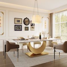 an elegant dining room with white walls and wood flooring, along with modern chairs