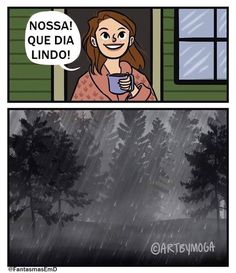 a comic strip with an image of a woman holding a coffee cup in the rain