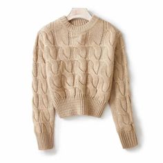 Women Solid Beige Chunky Knit Crop Jumper Crew Neck Cropped Knit Top Beige Png, Texture Dress, Cropped Knit Top, Casual Sweaters Women, Crop Jumper, Streetwear Girl, Solid Beige, Women Sweaters Winter, Cropped Pullover