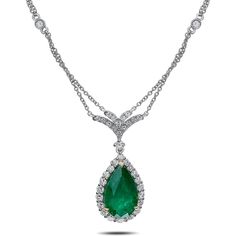 Roman & Jules 18K Gold 5.01 Carat Pear-Shaped Emerald and Diamond Halo Necklace Timeless Emerald Gemstone Necklace For Formal Occasions, Elegant White Gold Emerald Necklace With Brilliant Cut, Formal Pear-shaped Emerald Necklace In Fine Jewelry Style, Classic Emerald Necklace With Diamond Accents For Formal Events, Classic Emerald Necklace With Diamond Accents For Formal Occasions, Timeless Formal Emerald Gemstone Necklace, Briolette Emerald Necklace For Formal Occasions, Timeless Emerald Necklace For Formal Occasions, Formal White Gold Emerald Necklace