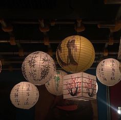 chinese paper lanterns are hanging from the ceiling