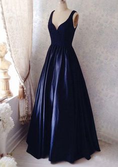 Dark Navy Prom Dresses Sleeveless Evening Dress For Debutante Ball, Sleeveless Ball Gown For Prom Season, Sleeveless Satin Ball Gown For Debutante Ball, Sleeveless Ball Gown For Prom, Sleeveless Ball Gown With Fitted Bodice For Prom, Sleeveless Ball Gown For Banquet, Sleeveless Ball Gown With Sweep Train, A-line Gown With Sweep Train, Sleeveless Satin Gown For Debutante Ball