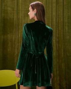 Details: - Green - Daily - Vintage & Brief - Solid Color - Hollow Out - Tie - A-Line - Stand - Long Sleeves - Mini - Slim Fit - No Stretch - 95% Polyester, 5% Spandex - Machine wash or professional dry Fabric: This Velvet Mini Dress is made of Polyester and Spandex. Polyester is an artificial fiber that feels soft, looks lustrous, and dries fast. It's also durable, with good resistance to wrinkles, stains, and sunlight. Spandex is lightweight and comfortable to wear, resistant to sweat, has Cutout Mini Dress, Tailored Clothes, Vintage Slip, Velvet Mini Dress, Perfect Wardrobe, Mini Velvet Dress, Long Sleeve Mini, Elegant Dress, Hip Length