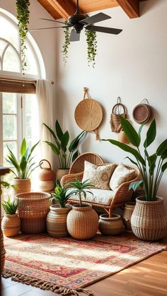 a living room filled with lots of plants and potted plants on top of a rug