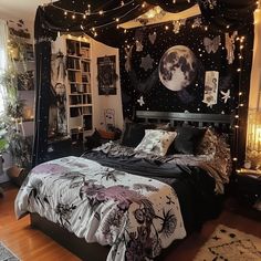 a bed room with a neatly made bed and lots of lights