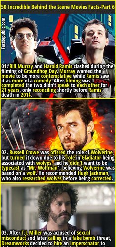 01. Bill Murray and Harold Ramis clashed during the filming of Groundhog Day. Murray wanted the movie to be more contemplative while Ramis saw it as more of a comedy. After filming was completed the two didn’t speak to each other for 21 years, only reconciling shortly before Ramis’ death in 2014.