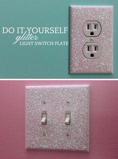 two light switch plates are shown with the words do it yourself glitter in white and pink