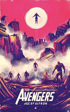 the avengers movie poster is shown in red and purple tones, with an image of two men standing on top of a mountain