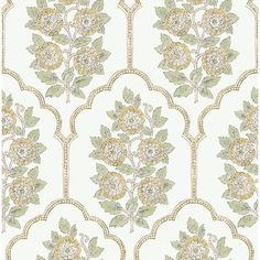 an ornate wallpaper with yellow flowers and green leaves on white background, in the style of art nouveauism