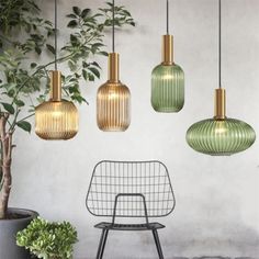 three different colored glass pendant lights hanging from the ceiling above a chair and potted plant