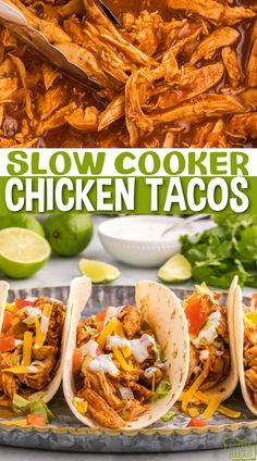 slow cooker chicken tacos on a platter with limes and cilantro