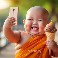 a baby with an ice cream cone in his hand and a cell phone up to its ear